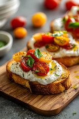 Classic English style, bread bruschetta with cheese, burrata, tomatoes, and basil on rustic bread, on a wooden table, food photography.