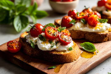 Classic English style, bread bruschetta with cheese, burrata, tomatoes, and basil on rustic bread, on a wooden table, food photography.