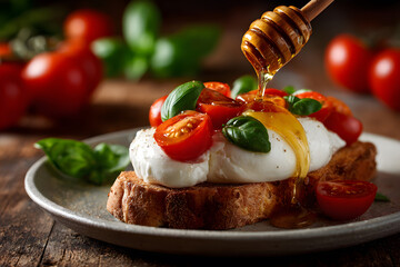 Classic English style, bread bruschetta with cheese, burrata, tomatoes, and basil on rustic bread, on a wooden table, food photography.