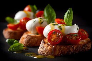 Classic English style, bread bruschetta with cheese, burrata, tomatoes, and basil on rustic bread, on a wooden table, food photography.