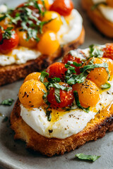 Classic English style, bread bruschetta with cheese, burrata, tomatoes, and basil on rustic bread, on a wooden table, food photography.