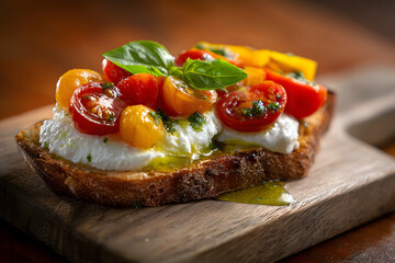 Classic English style, bread bruschetta with cheese, burrata, tomatoes, and basil on rustic bread, on a wooden table, food photography.