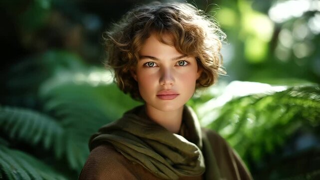 Curly bob hairstyle with silk scarf and cozy garden setting