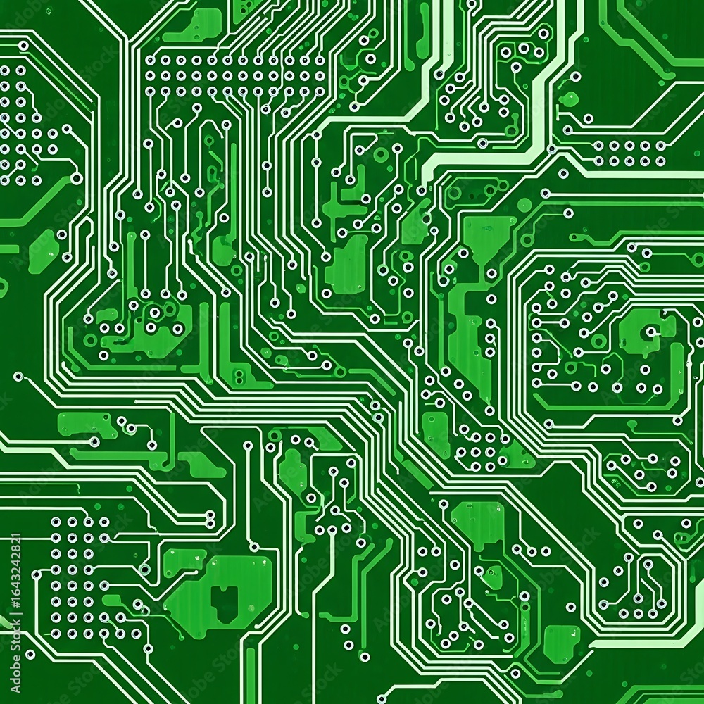 Poster intricate green circuit board with white conductive pathways, showcasing the complexity of electroni