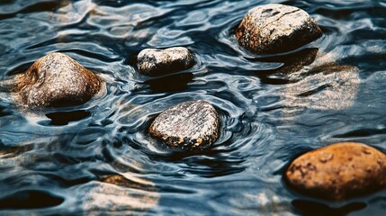 Five Large Boulders Resting Under Cool Water, Creating Gentle Ripples Around Each Stone Formation.