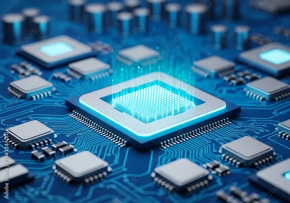 Poster glowing blue computer processor chip emitting light on a detailed blue circuit board, representing a