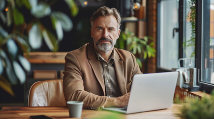Mature man with beard working on a laptop in a cozy cafe with plants