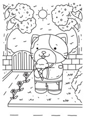 Coloring book page of a cute cat eating ice cream in a sunny garden with trees