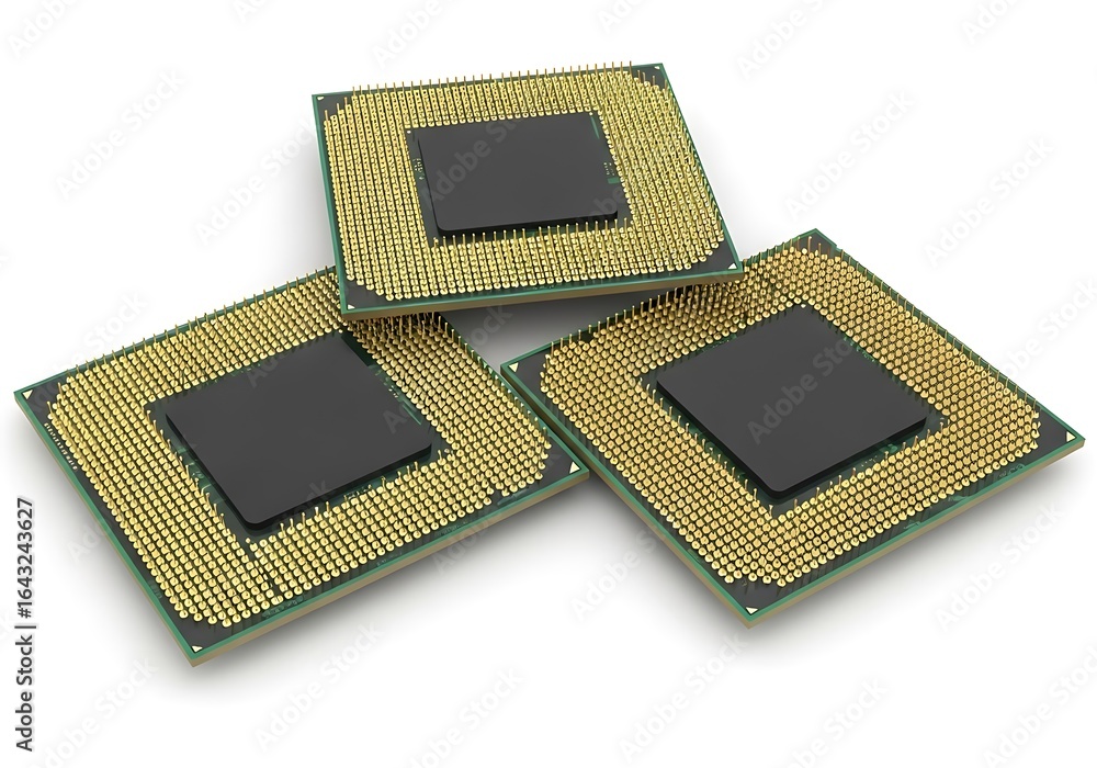 Poster three computer processors with gold pins arranged in a pile, isolated on white background, represent