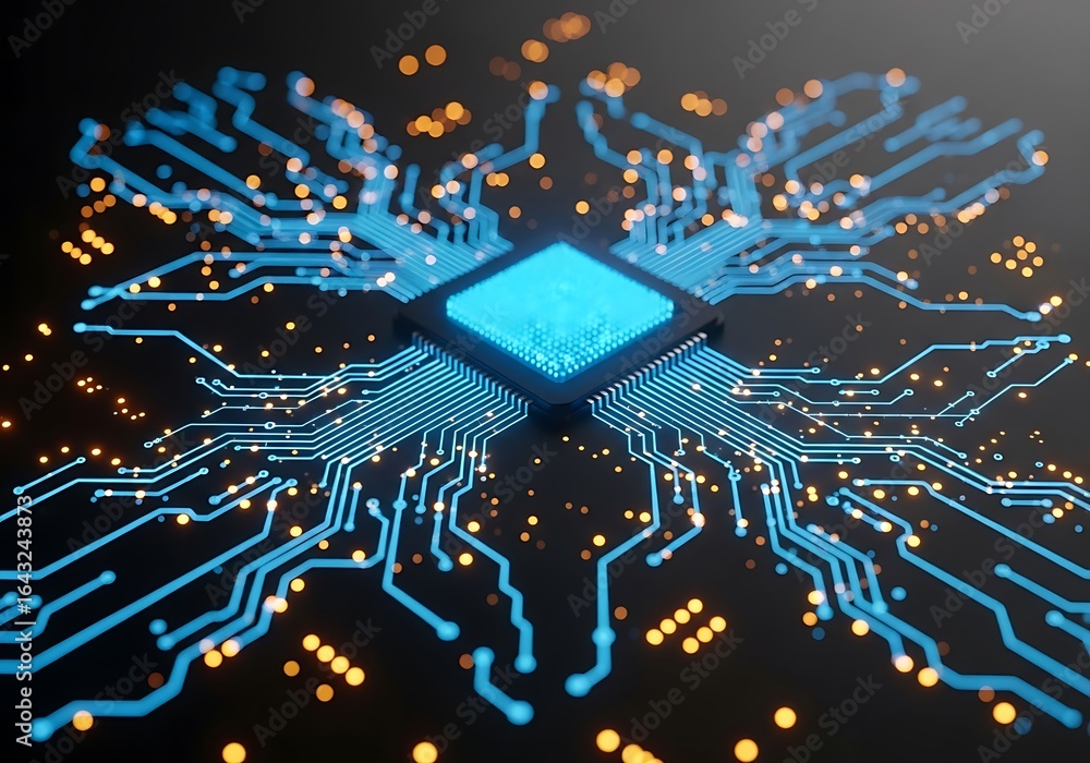 Poster central glowing blue processor on a complex circuit board with radiating lines and orange lights, sy