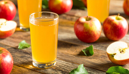Fototapeta premium Refreshing apple juice in a glass, surrounded by fresh red apples on a rustic wooden table. A healthy and delicious beverage option.
