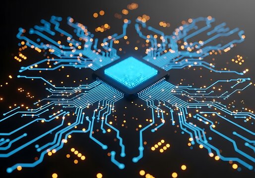 Central glowing blue processor on a complex circuit board with radiating lines and orange lights, symbolizing data processing and technological innovation - Powered by Adobe