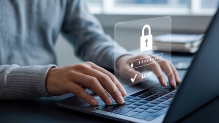 Secure Login - A man's hands typing on a laptop, with a glowing padlock and a login form, symbolizing online security and data protection
