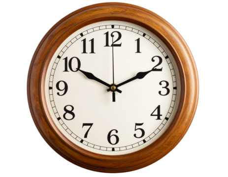Classic Wooden Frame Round Wall Clock, Top-Down Perspective, isolated on transparent background