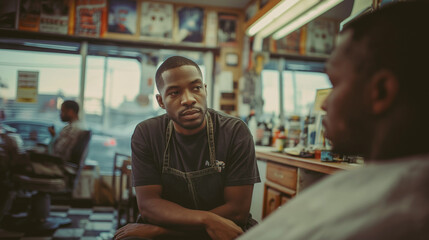 Obraz premium Barber speaks to client in neighborhood barbershop.
