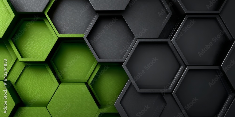 Poster abstract geometric pattern with interlocking green and black hexagons in 3d rendering design style