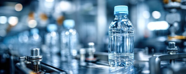 Plastic bottles move along automated conveyor belt in bottling factory production line process