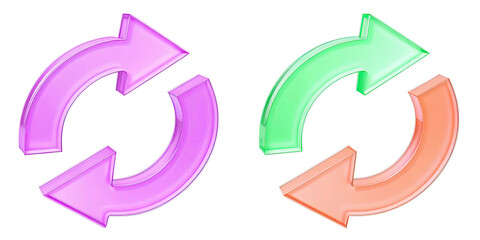 Two arrows icon - update symbol. 3d glass update, refresh icon - 3d rendering
