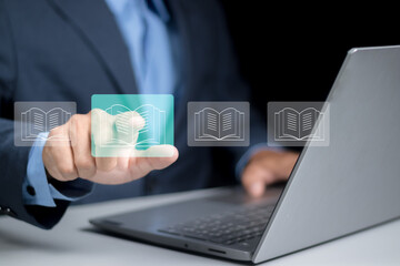 E-library concept. Person use smartphone and hand touch with virtual Ebook icons for electronic books online, knowledge base on internet, digital library or e-library.