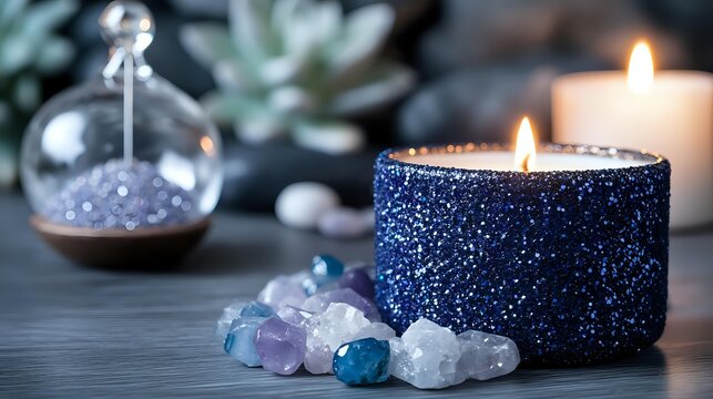 Glittering navy blue candle with burning flame surrounded by healing crystals and decorative glass dome on dark wooden surface. Spiritual wellness concept.