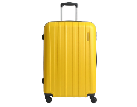 Large Yellow Hard-Shell Travel Suitcase Upright with Extended Handle, Front View, isolated on transparent background