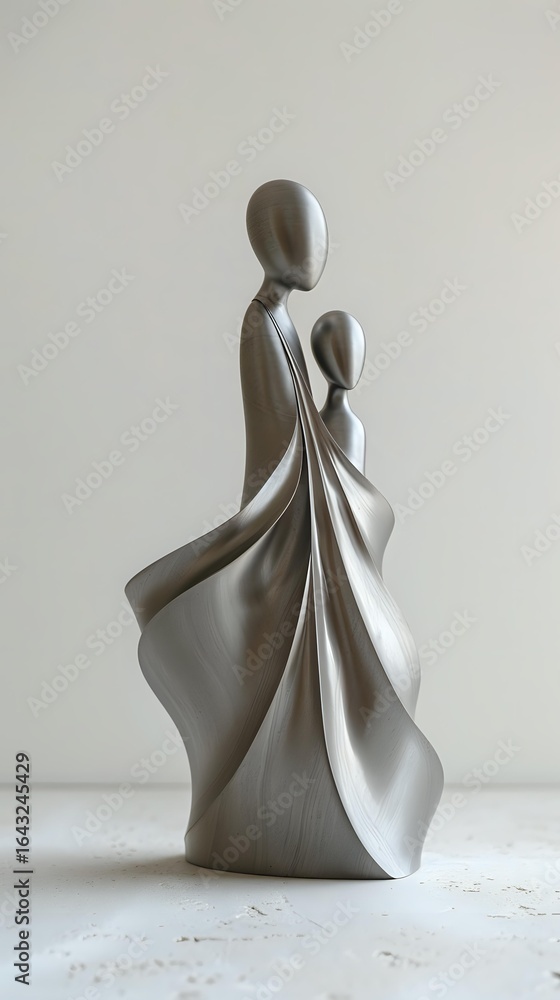 Poster minimalist sculpture depicting two abstract figures in flowing forms, created in matte gray material