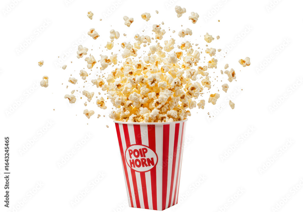 Poster popcorn exploding out of a red and white striped box, isolated on transparent background