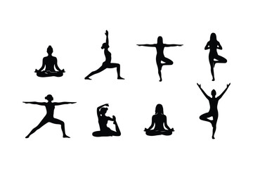 Collection of eight black female yoga pose silhouettes on white background woman