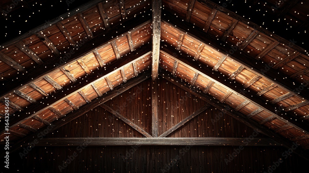 Poster inviting indoor space is highlighted exposed wooden beams softly illuminated warm lights. interplay 