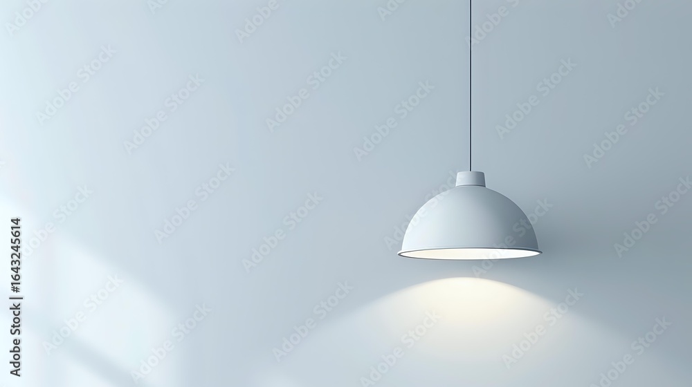 Poster minimalist white pendant lamp illuminating empty wall with soft light and shadow creating modern arc