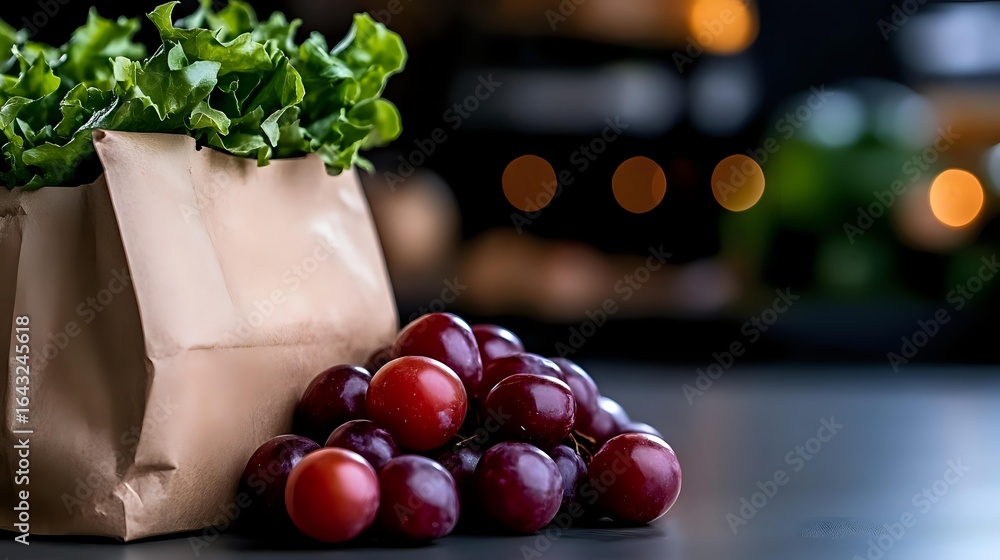 Poster fresh red grapes clustered on dark surface with kraft paper grocery bag and green lettuce leaves, so