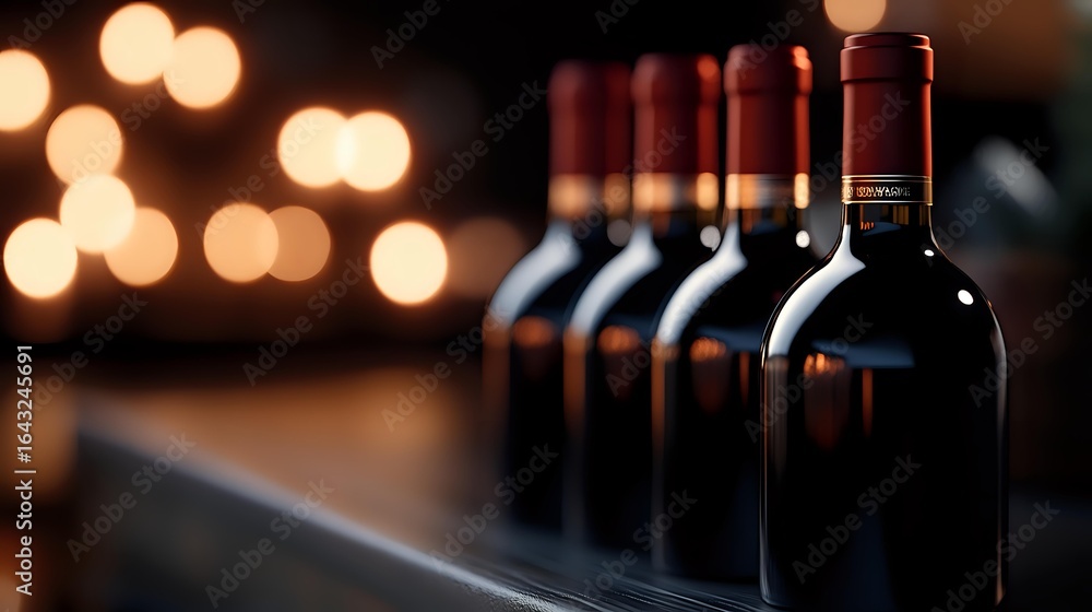 Poster row of red wine bottles against blurred warm bokeh lights creating elegant atmosphere for wine tasti