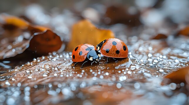 Two red ladybugs on wet autumn leaf with water drops and bokeh effect in nature macro photography. Perfect for environmental and seasonal designs. - Powered by Adobe