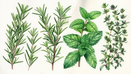 Watercolor illustration of herbs
