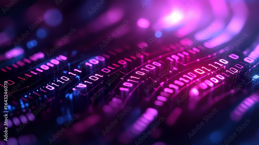 Poster digital binary code glowing in purple and blue neon colors on dark background, abstract technology p
