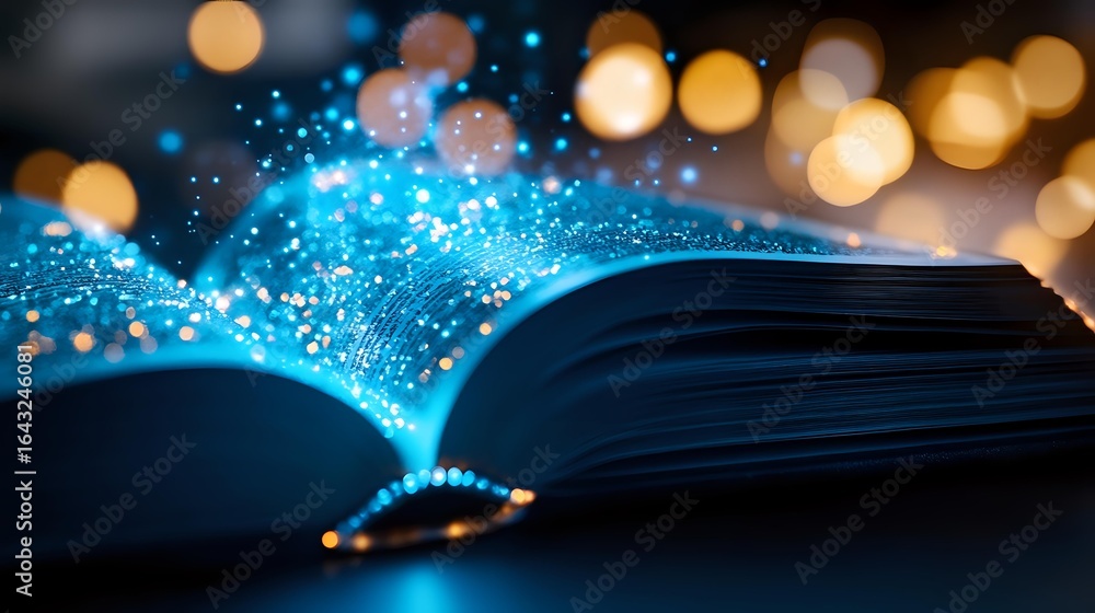 Aufkleber magical open book with glowing blue sparkles and light rising from pages against blurred golden boke