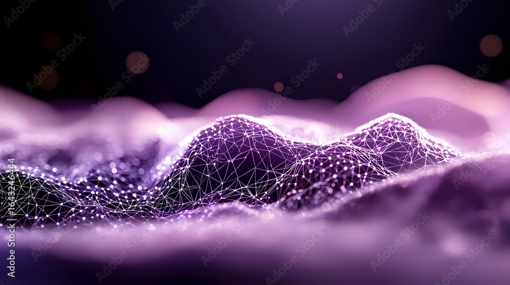 Poster abstract digital landscape with glowing purple wireframe terrain and particles floating in dark spac