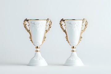 Elegant white decorative vases with ornate golden handles on neutral background, symmetrical composition featuring antique-style ceramic urns for luxury home decor.