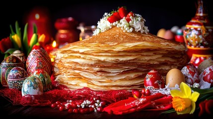 Delicious pancake stacks at festive celebration vibrant table setting culinary art cozily arranged joyful gathering