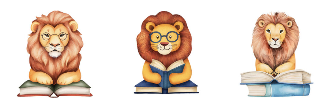Three cartoon lions with glasses, each sitting on books, showcasing a love for reading in a playful and whimsical style.