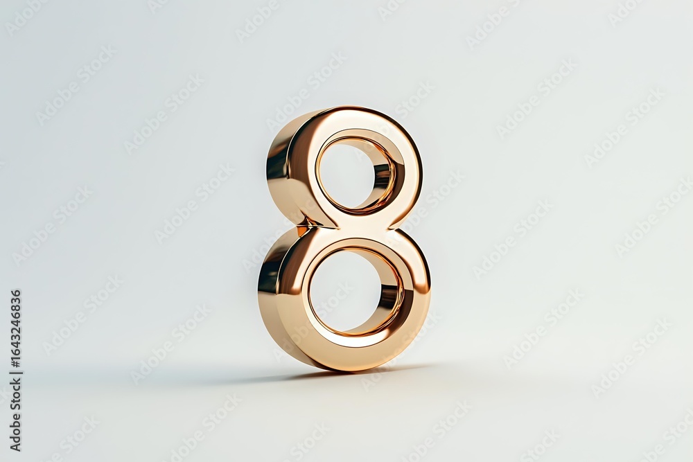 Aufkleber metallic gold number eight standing upright on white surface with soft shadow, modern minimalist des