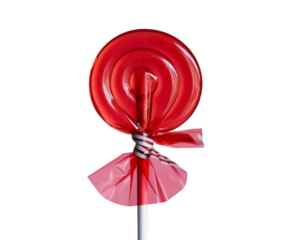 Red lollipop candy isolated on white background for sweet treat and confectionery dessert concept
