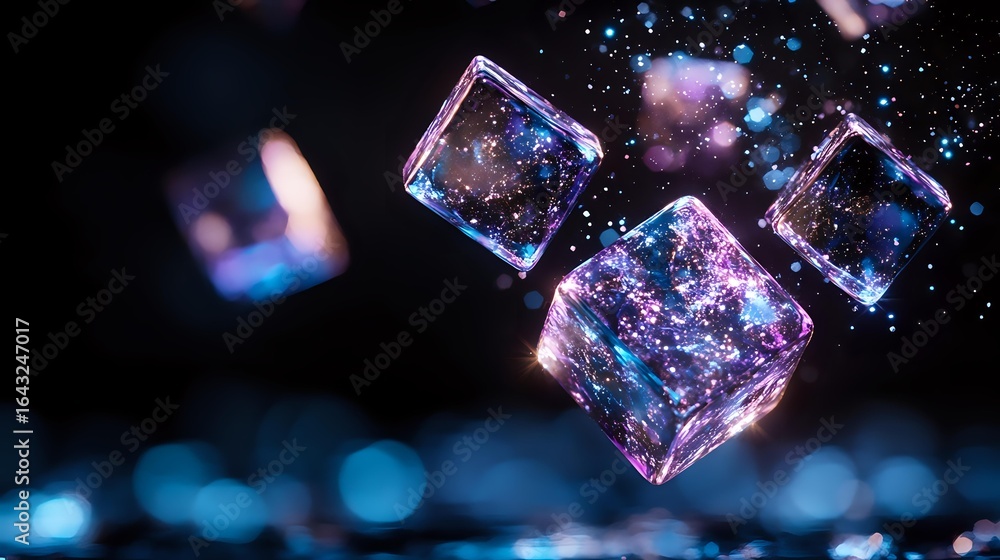 Poster glowing crystal cubes with pink and blue sparkles floating in dark space, magical cosmic effect with