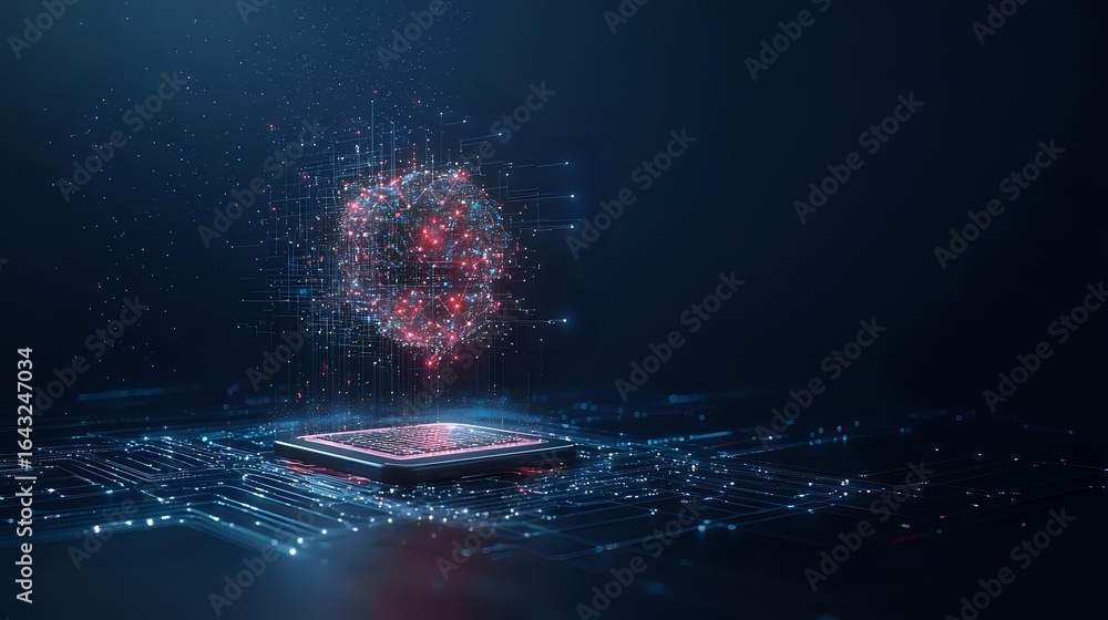 Poster futuristic digital processor with glowing red holographic sphere emerging from microchip surface aga