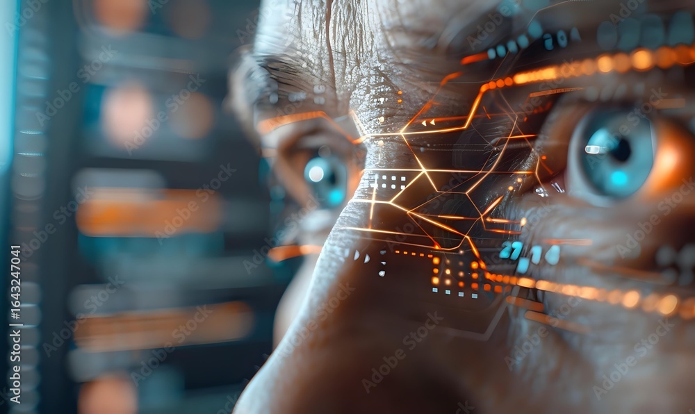 Poster close up view of bright blue eyes with digital circuit pattern overlay in orange and white, represen