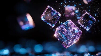 Glowing crystal cubes with pink and blue sparkles floating in dark space, magical cosmic effect with bokeh lights and shimmering particles in motion.
