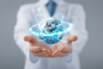 A person in a lab coat holds a glowing Earth with radiant rings suggesting scientific advancement
