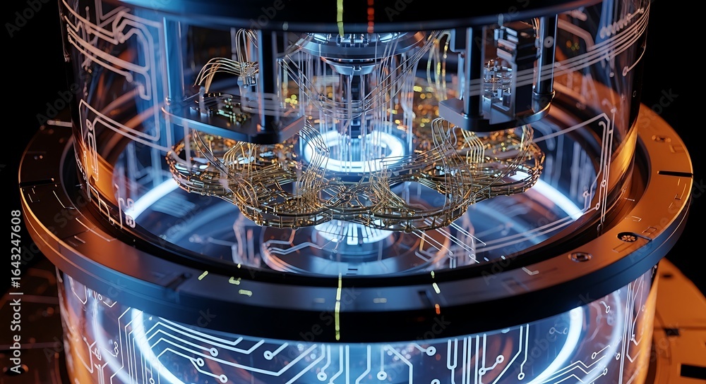 Poster closeup of a futuristic quantum computer with glowing blue lights and intricate circuitry, represent