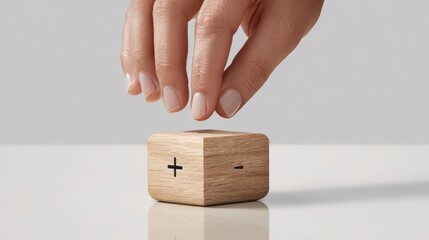 Obraz premium Hand hovers above wooden cube with plus and minus signs for simple control interface use