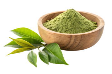 wooden bowl with ground green tea powder and fresh leaves isolated on white 